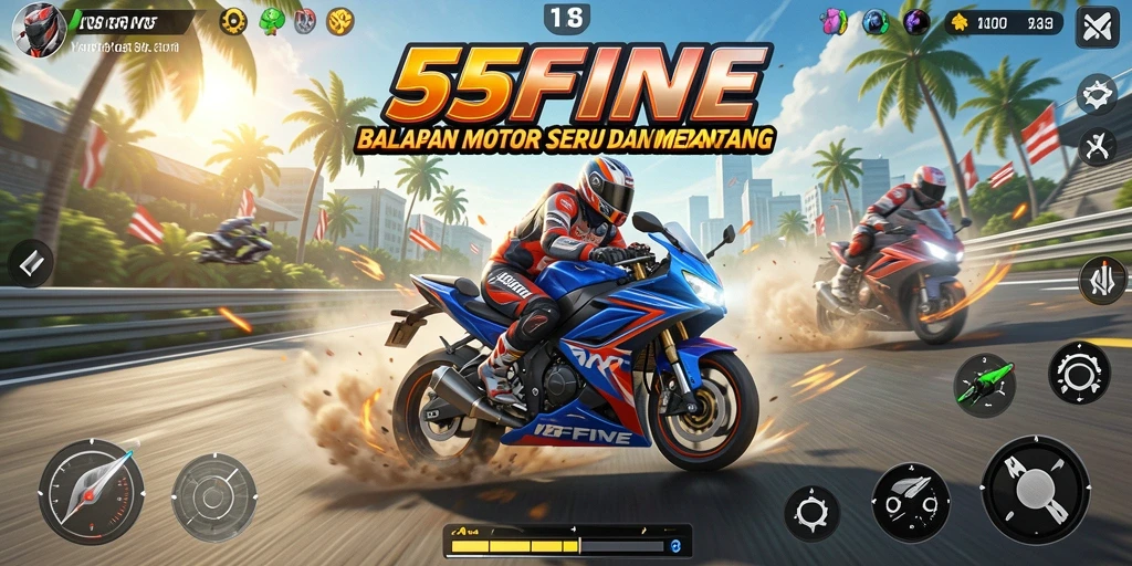 Tampilan gameplay seru di 55FIVE dengan aksi balapan motor.