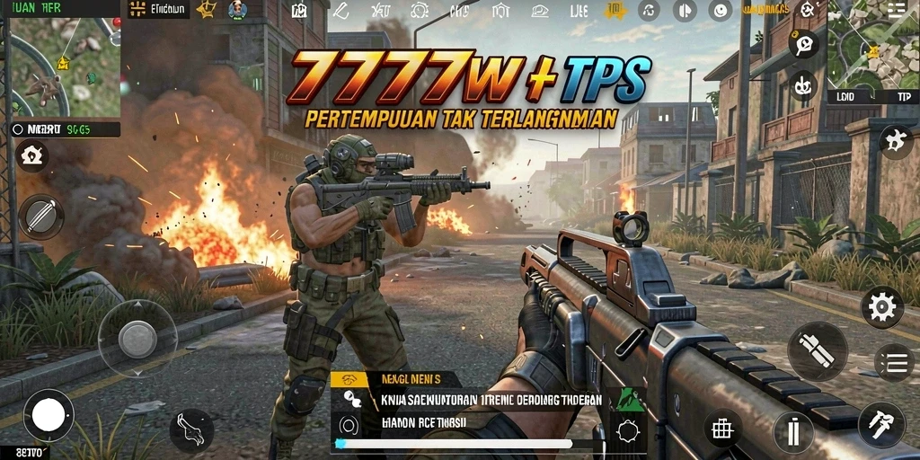 Tangkapan layar utama 7777W menampilkan aksi pertempuran seru di TPS.