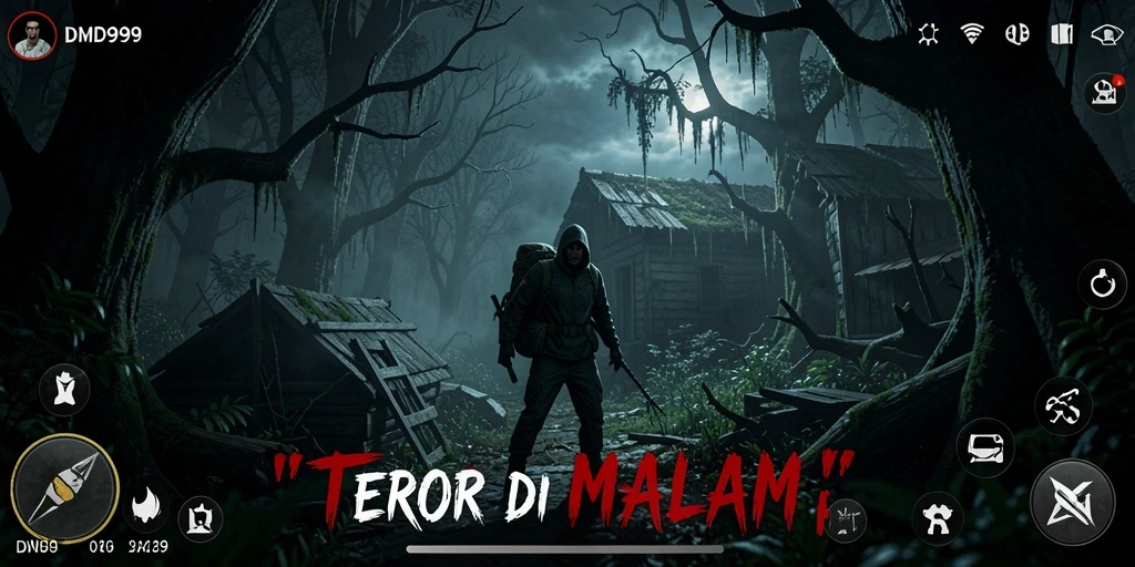 Tangkapan layar gameplay DMD999 dengan suasana mencekam dan efek menakutkan.