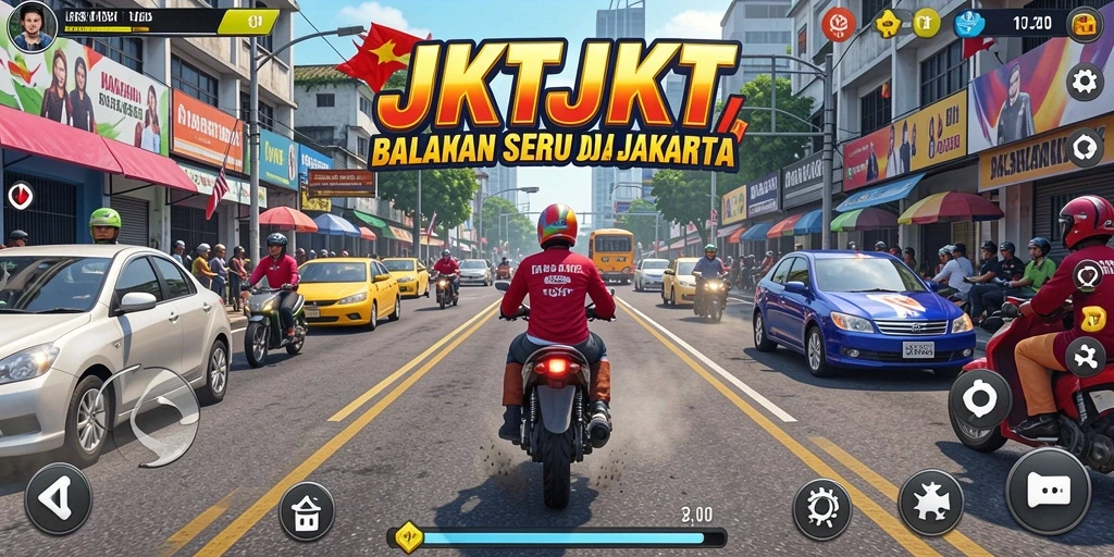 Screenshot gameplay JKTJKT menampilkan balapan cepat di jalanan Jakarta.