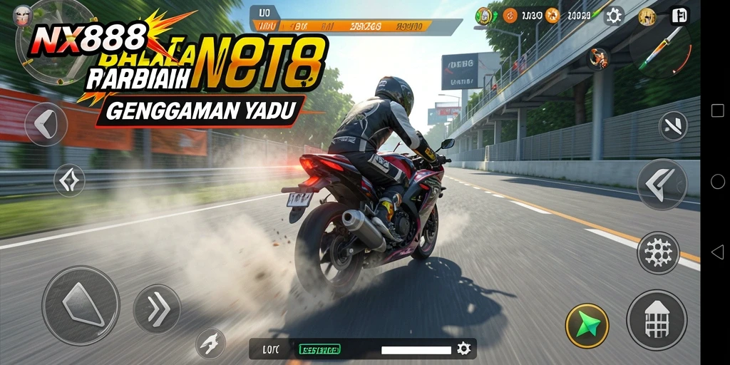 Screenshot gameplay NX888 menampilkan aksi balap motor yang menegangkan.