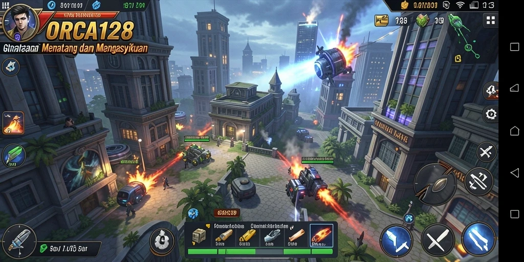 Screenshot gameplay ORCA128 dengan banyak pertempuran strategi.