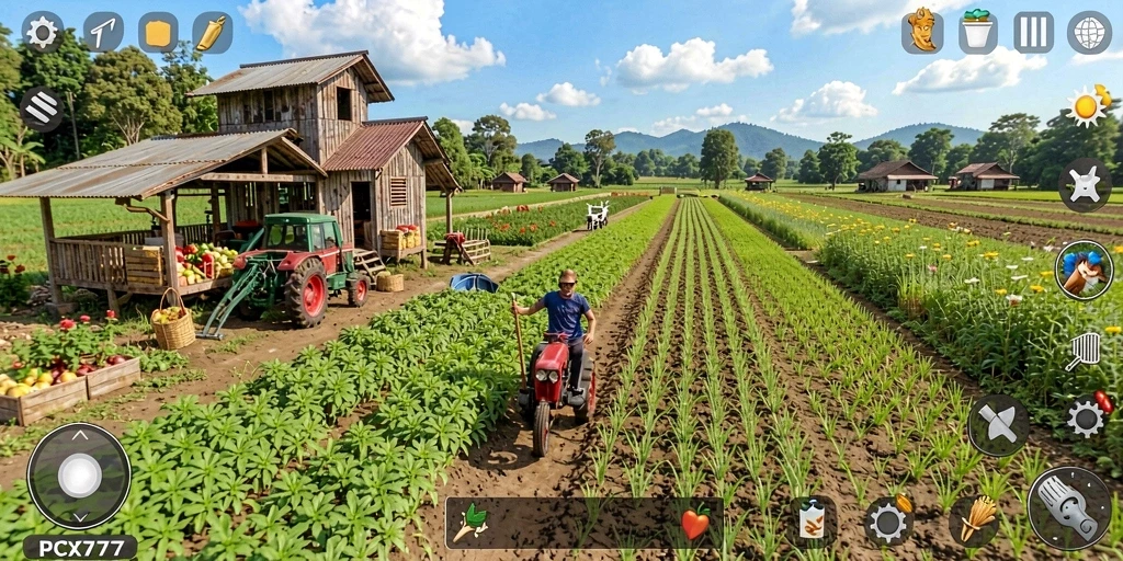 Tampilan gameplay PCX777 yang menampilkan lahan pertanian yang hijau dan subur.
