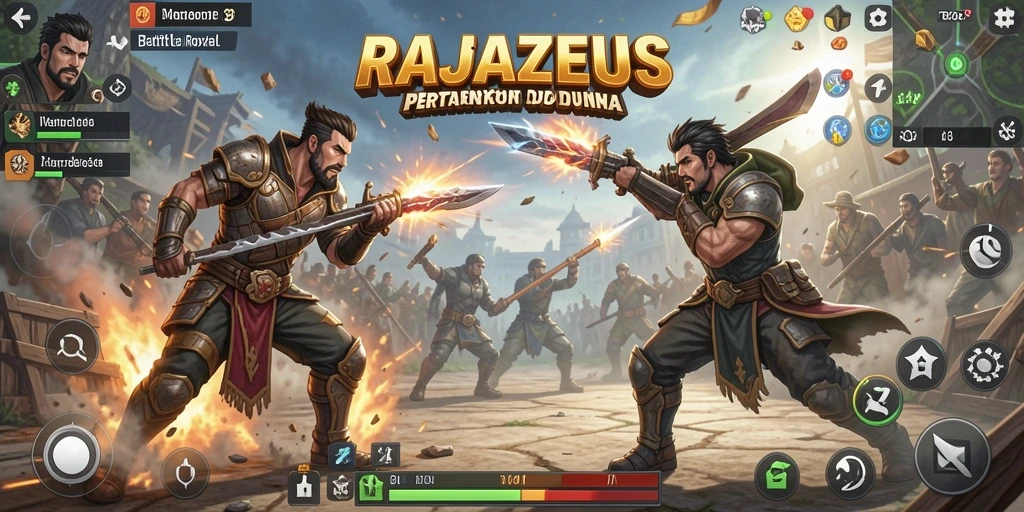 Screenshot RAJAZEUS menampilkan aksi seru dalam permainan Battle Royale.