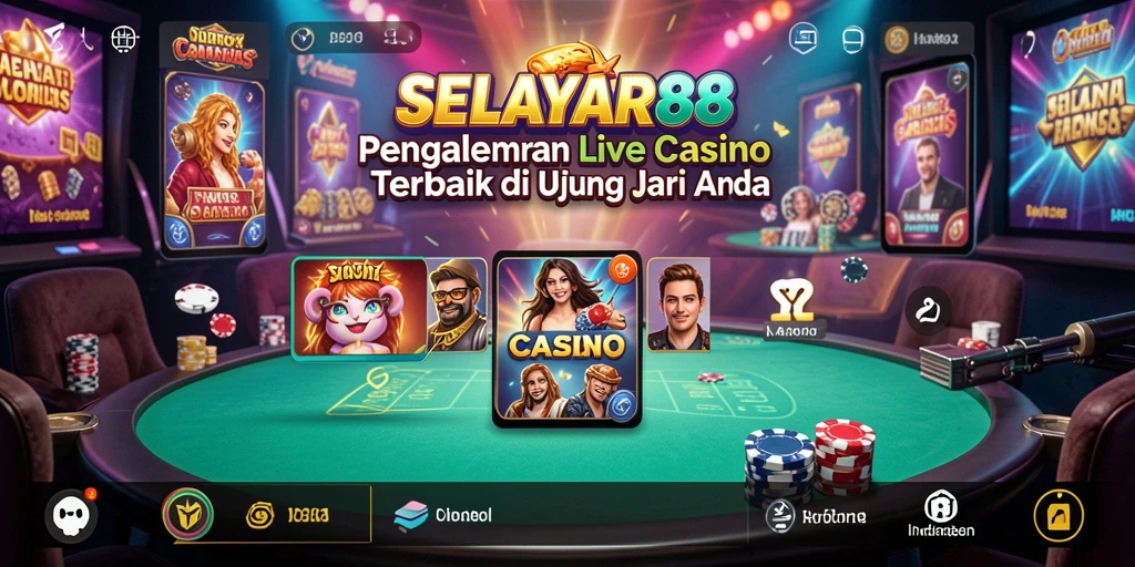 Screenshot gameplay Live Casino dengan dealer dan pemain berinteraksi.