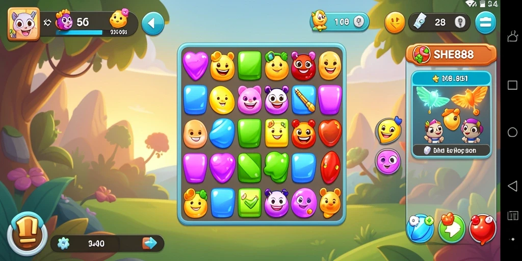 Screenshot utama SHE888 memperlihatkan gameplay Match-3 yang penuh warna dan menarik.
