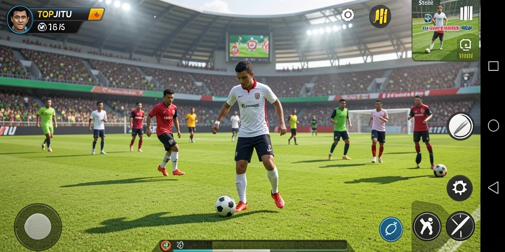 Screenshot gameplay TOPJITU menampilkan aksi seru di lapangan sepak bola.