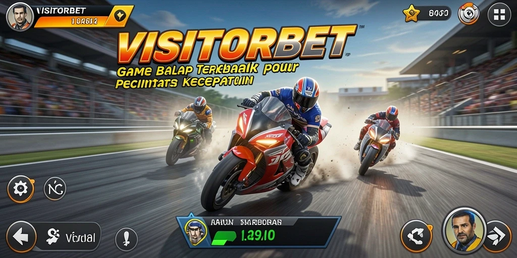 Screenshot gameplay balap VISITORBET dengan mobil kencang di trek menantang.